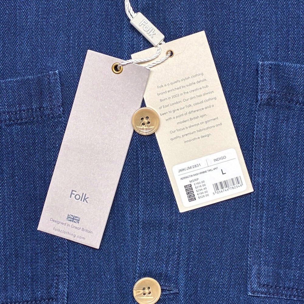Folk Chore Jacket Herringbone Wash Twill Indigo Large NWT JMK/JM/2831 - Picture 3 of 15